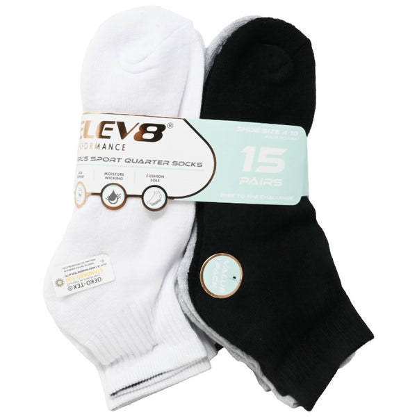 15pk Girls 9-11G Asst Blk Half Cush Qrtr Socks C/P 60 ELEV8