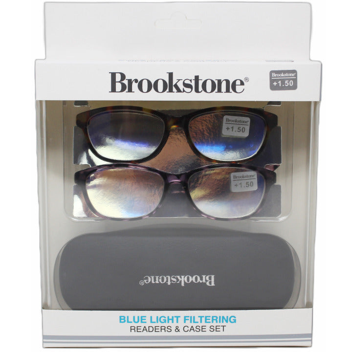2pk Brookstone Blue Light Filtering Glasses Set w/Case Asst Power C/P 36