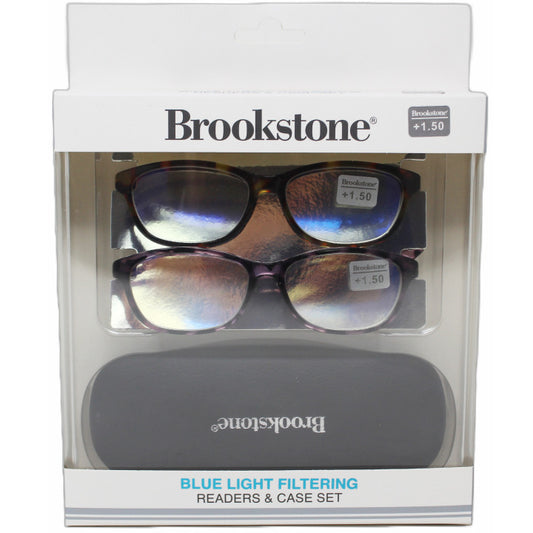2pk Brookstone Blue Light Filtering Glasses Set w/Case Asst Power C/P 36
