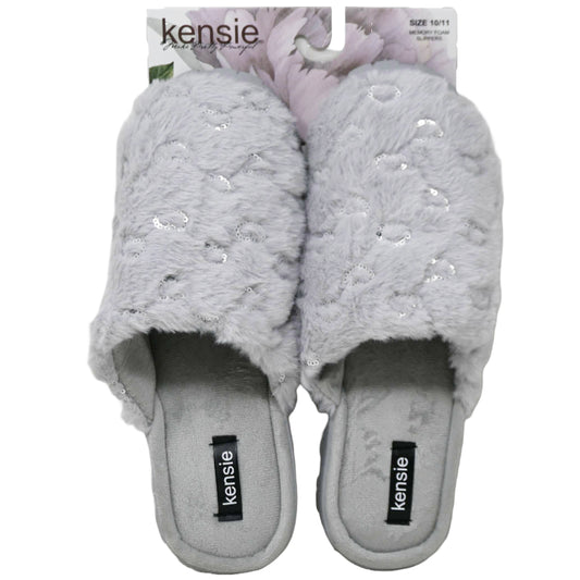 S-XL WOMEN GREY FAUX FUR SLIPPER W/SEQUIN HEARTS KENSIE C/P 18