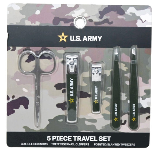 5pc US ARMY GREEN TRAVEL SET, 1pc CUTICLE SCISSORS, 1pc SMALL NAIL CLIPPER, 1pc LRG NAIL CLIPPER, 2pc TWEEZERS C/P 48