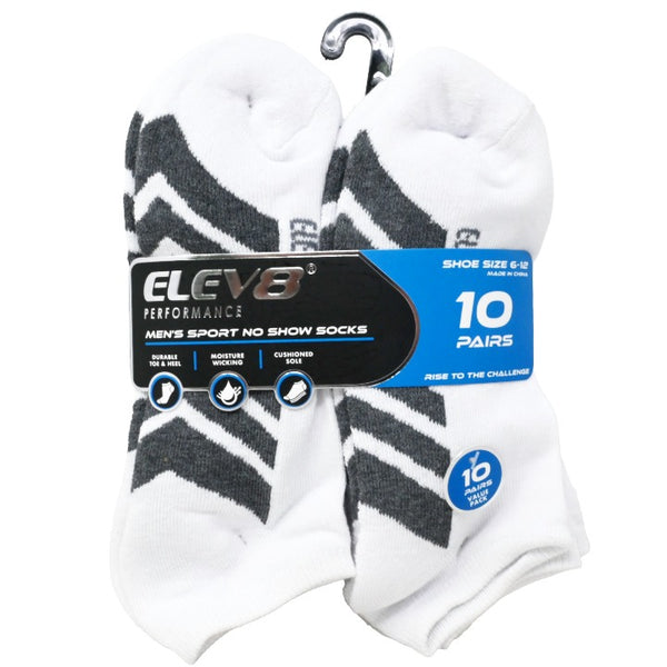 10pk Mens 10-13M Asst Wht Lines No Show Socks C/P 60 ELEV8