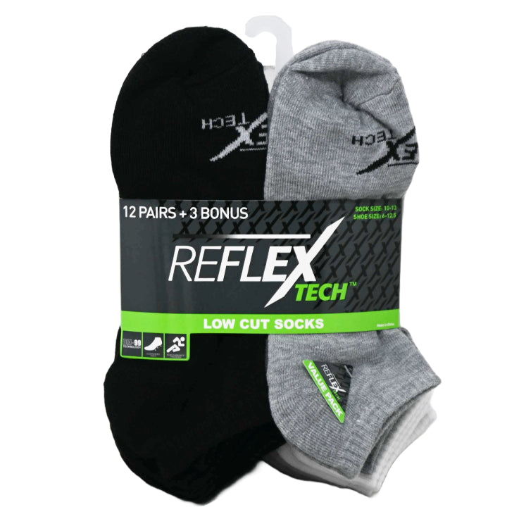 15pk REFLEX BLK/WHT/GRY MEN CUSHION LOW-CUT SOCKS SIZE 10-13 C/P 36