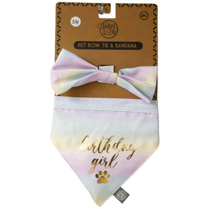 Ombre Pet Bow Tie with "Birthday Girl" and Paw Print Small Bandana C/P 120