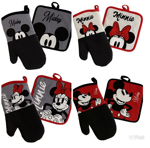Mickey & Minnie Oven Mitt and Pot Holder Set with Neoprene, Classic Black/Grey and Black/Red Assorted C/P 24