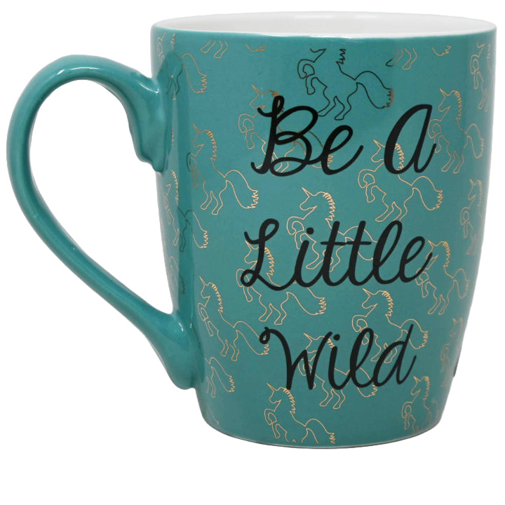 16oz Turquoise Bullet Mug: "Be A Little Wild" in Black with Gold Unicorn Decals all Over C/P 36
