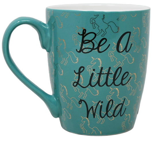 16oz Turquoise Bullet Mug: "Be A Little Wild" in Black with Gold Unicorn Decals all Over C/P 36