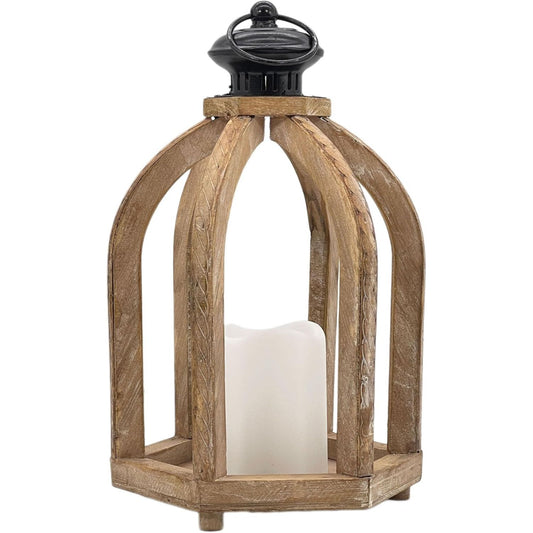 12.4" Rustic Wooden Accented LED Candle Lantern wNatural Wood Frame C/P 4