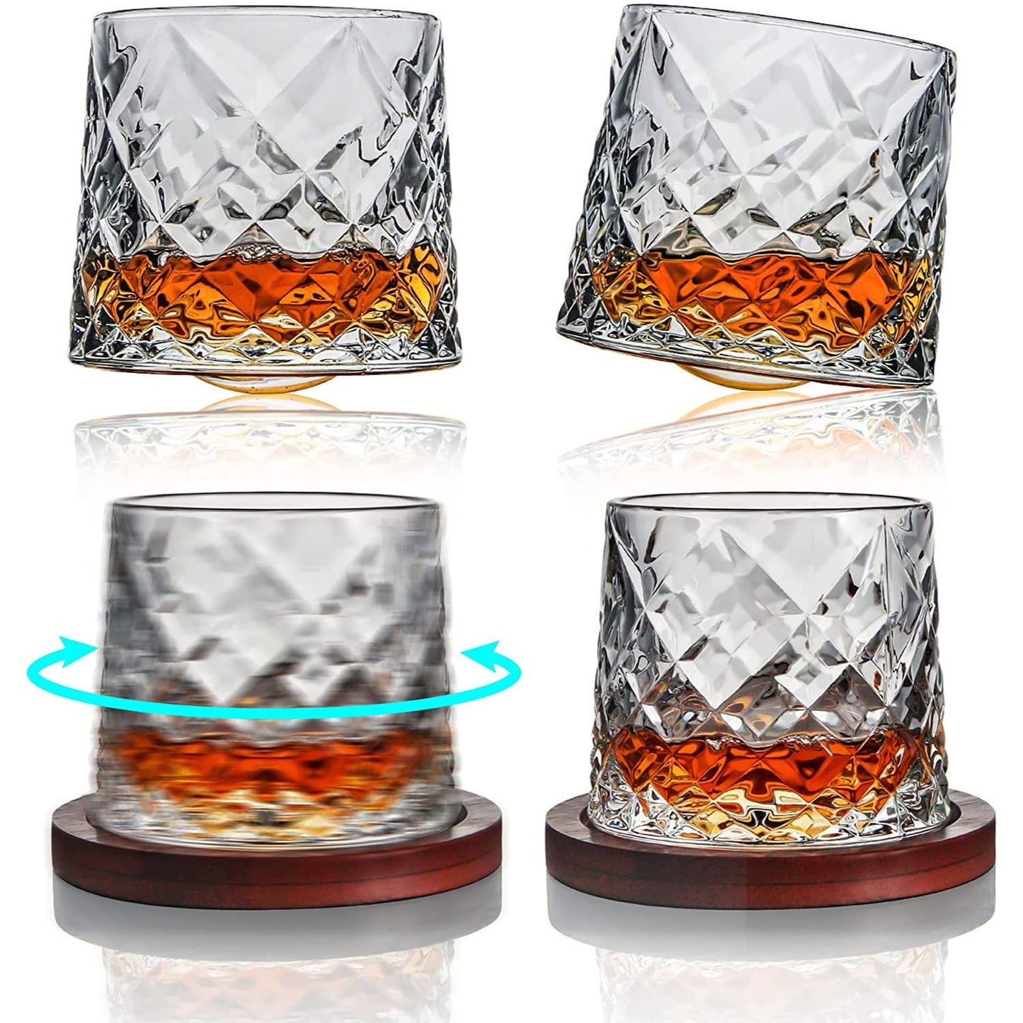 4pc 12oz LOVWISH WHISKEY GLASS SET W/ROTATING COASTERS C/P 8