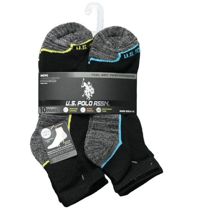 MENS 10PK QTR CREW CUSHION SIZE 6-12 BLACK GRAY CUSHION C/P 48 US POLO ASSN