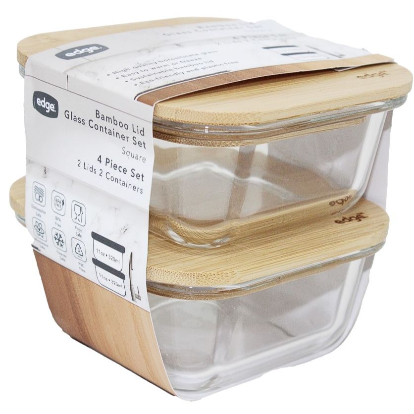 2pc 11oz STACKED SQUARE GLASS CONTAINER W/BAMBOO LID C/P 6