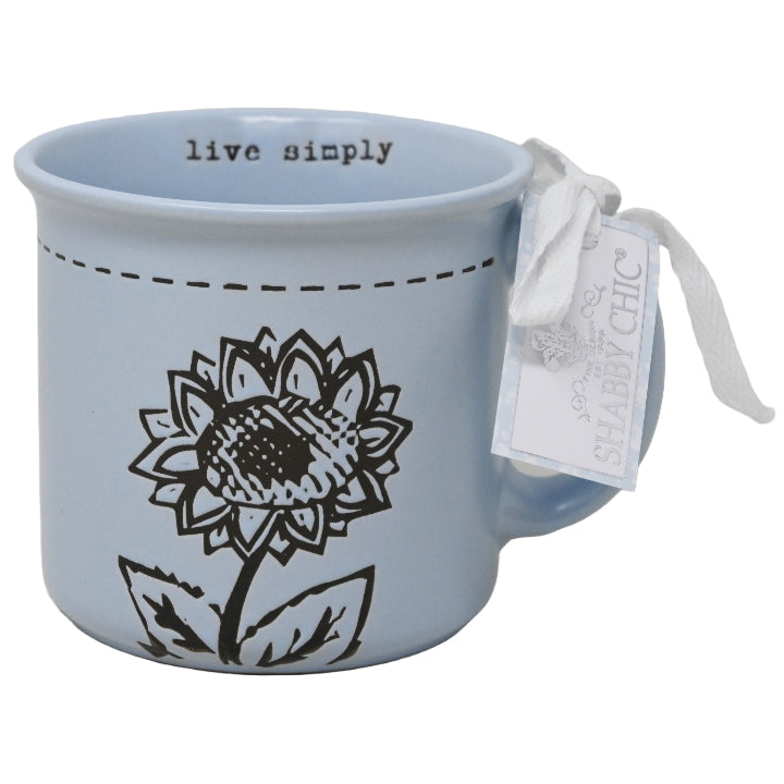 Yellow Camper Mug with Debossed Sunflower and Outlined Rim with "Live Simply" on Inside Shabby Chic C/P 36
