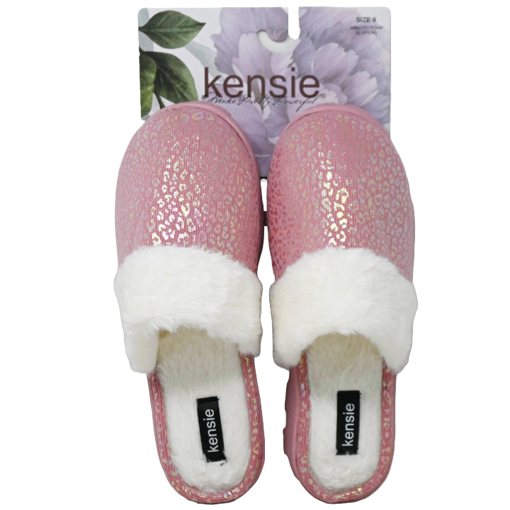 S-XL WOMEN PINK KNIT SLIPPER W/HOLO LEOPARD PRINT KENSIE C/P 18