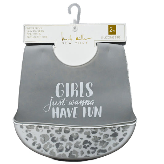 2pc Gray "Girls Just Wanna Have Fun" & Leopard Skin Print Silicone Bibs Nicole Miller C/P 60