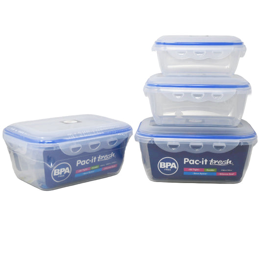 3pc RECT. PLASTIC FOOD STORAGE CONTAINER SET PAC-IT FRESH C/P 24