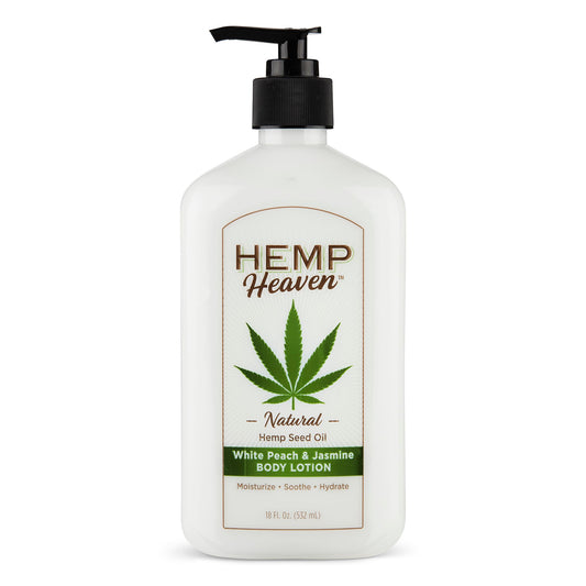 18oz HEMP HEAVEN WHITE PEACH & JASMINE LOTION WITH PUMP AND PLASTIC WRAP C/P 12