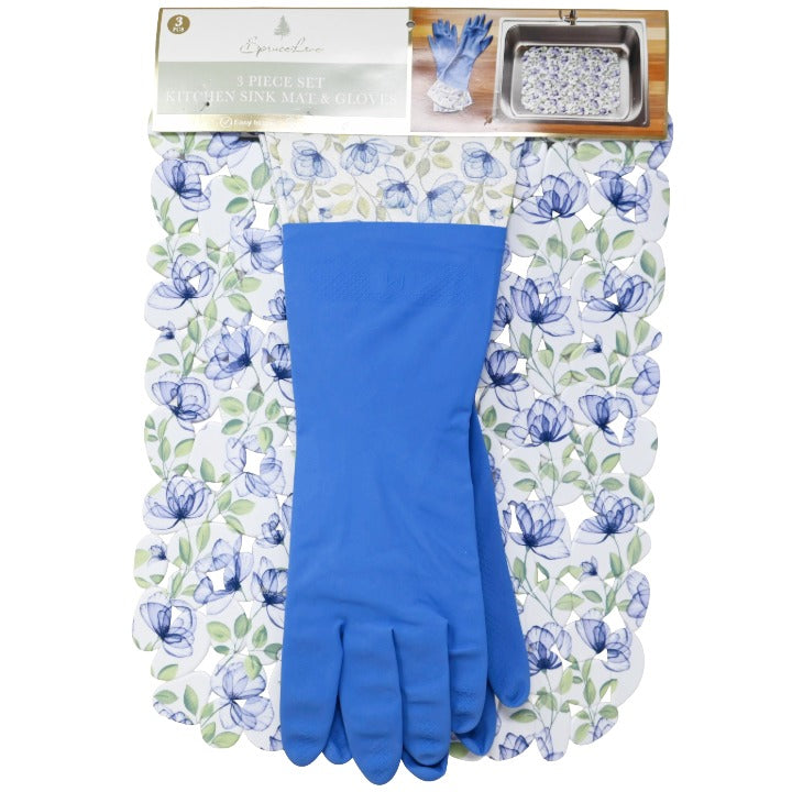 3pc Blu Fl1 Kitchen Mat Sil Glove Set C/P 24