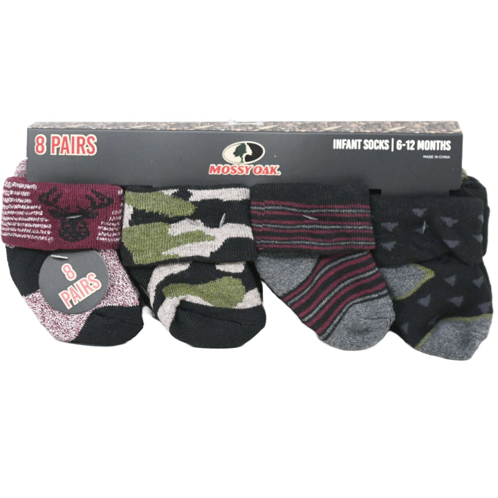 8pk INFANT BOY BLK FULL CUSHION QTR SOCKS ASST SIZE MOSSY OAK C/P 60