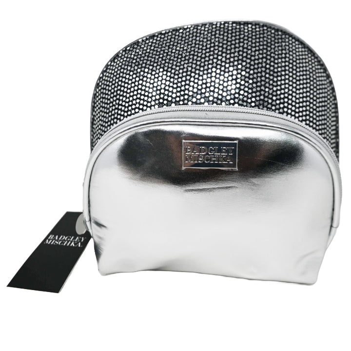 2pc SILVER MESH AND METALLIC PU DOME COSMETIC BAG SET BADGLEY MISCHKA C/P 24