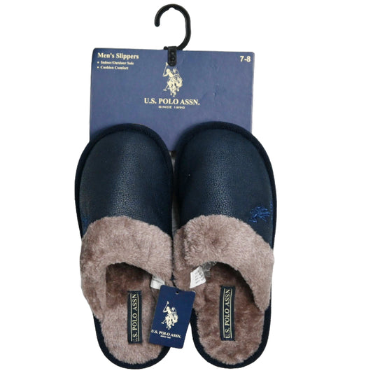 U.S. POLO ASSN. NAVY MEN SLIPPERS W/BROWN FUR C/P 24