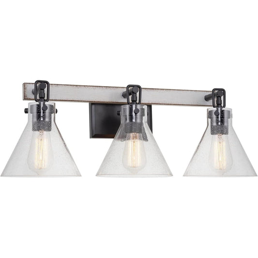 Anza 25" 3-Light Farmhouse Vanity / Bathroom Light + Conic Seeded Glass Shades, White Ash Wood Style + Black Finish C/P 1