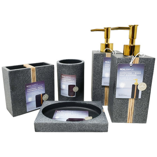 5pc RESIN SANDSTONE W/WOOD INLAY BATH SET (INCLUDES: 2pc SOAP DISPENSER, 1pc SOAP DISH, 1pc TOOTHBRUSH HOLDER, 1pc TUMBLER) REAL SIMPLE C/P 6