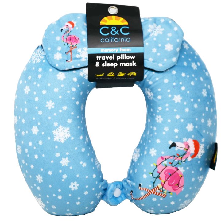 C&C CHRISTMAS FLAMINGO TRAVEL PILLOW & MASK SET C/P 24