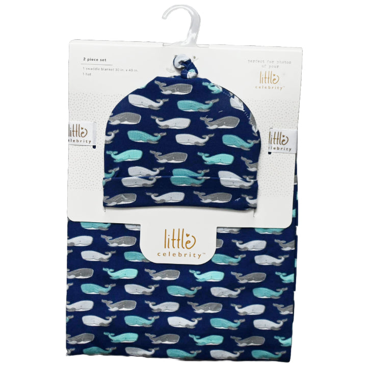 30"x40" 0-6m WHALES SWADDLE BLANKET W/HAT C/P 48