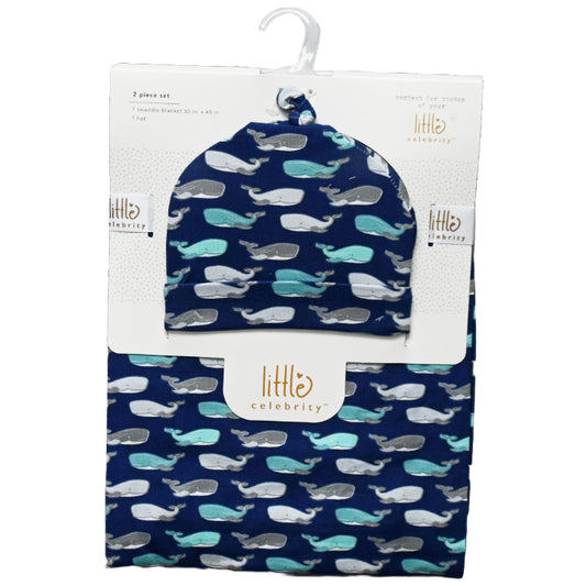 30"x40" 0-6m WHALES SWADDLE BLANKET W/HAT C/P 48