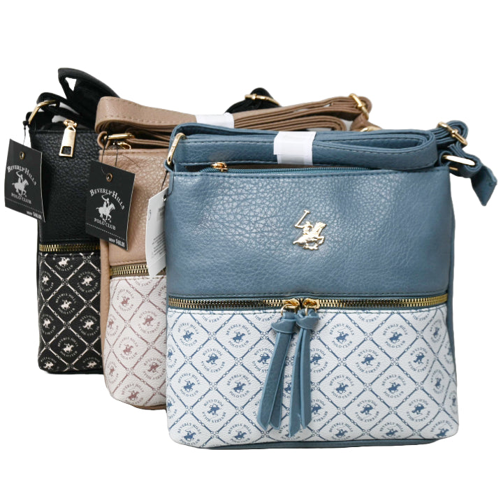 BHPC CROSSBODY HANDBAG W/TOP ZIPPER 3-ASST BLK-BLUE-TAUPE C/P 12