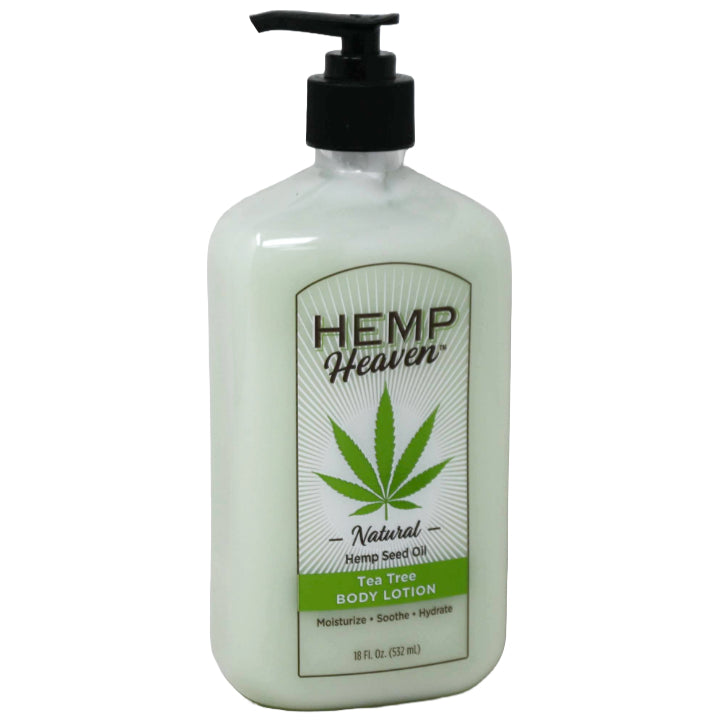 18oz HEMP HEAVEN TEA TREE LOTION WITH PUMP  AND PLASTIC WRAP C/P 12