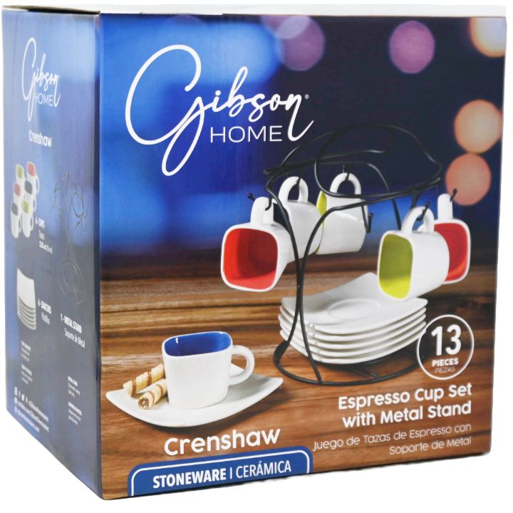 Gibson Home 13pc Espresso & Saucer Set w/Metal Stand Crenshaw Stoneware CB C/P 4