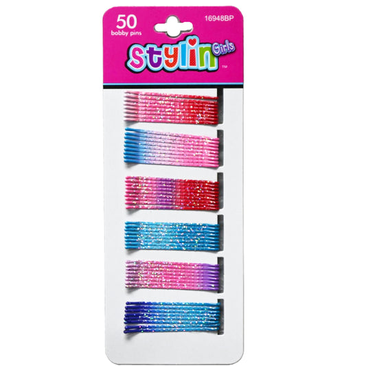 STYLIN GIRLS 50 PC TONAL ENAMEL BOBBY PINS WITH GLITTER C/P 144