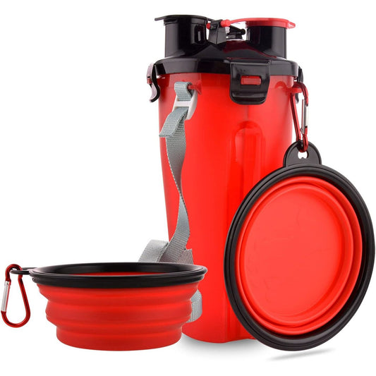 5 in 1 Red pet water and snack bottle with collapsible bowl C/P 12