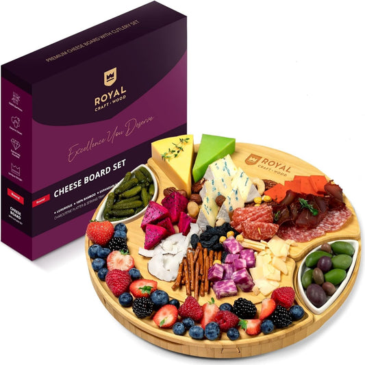 13.7" Rnd Bamboo Cheese Board w2 Ceramic Bowls & 3pc Cutlery Set - Royal Craft Wood C/P 8