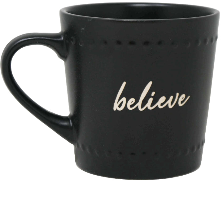 16oz Matte Black Mug with Embossed Pattern and Debossed "Believe" C/P 24