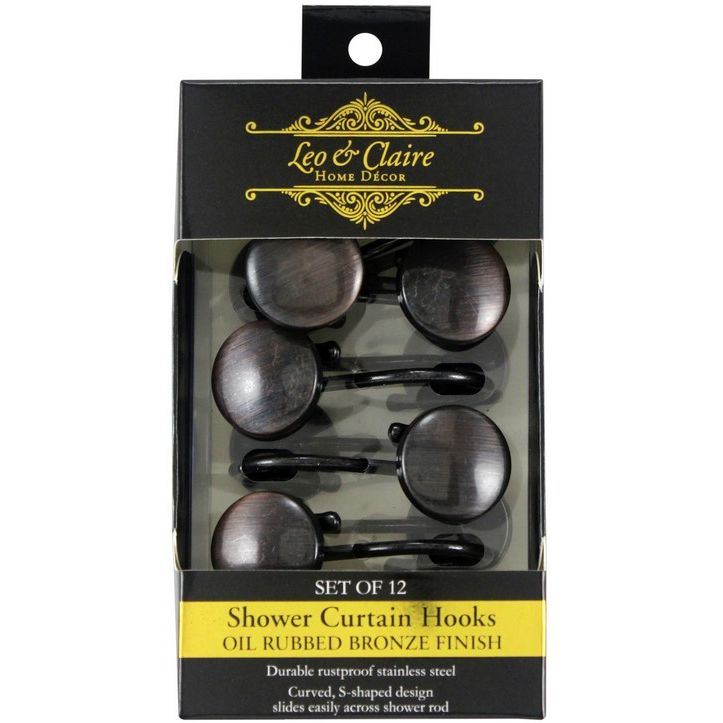 12pc OIL RUBBED BRONZE METAL SHOWER CURTAIN HOOKS C/P 48