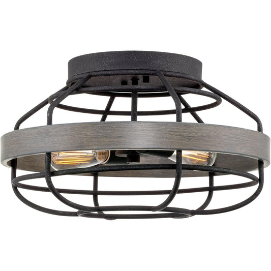 Barlow 17" 2-Light Farmhouse Flush Mount Ceiling Light + Cage Style Design, Gray Oak Wood Style + Textured Black Finish C/P 1
