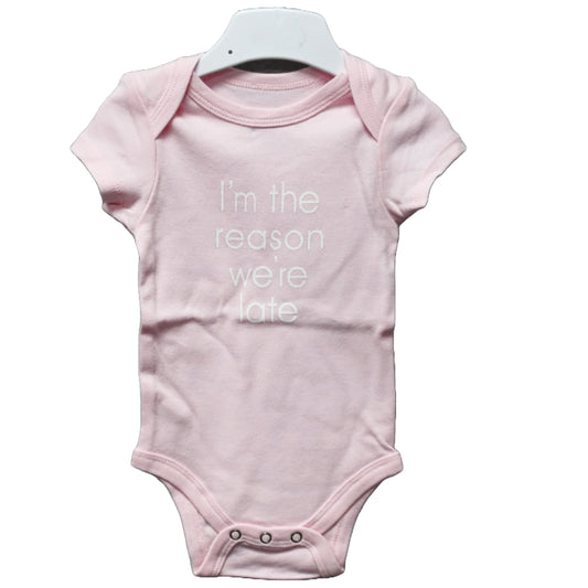0-3 Month Pink Onesie- Reason We're Late C/P 48