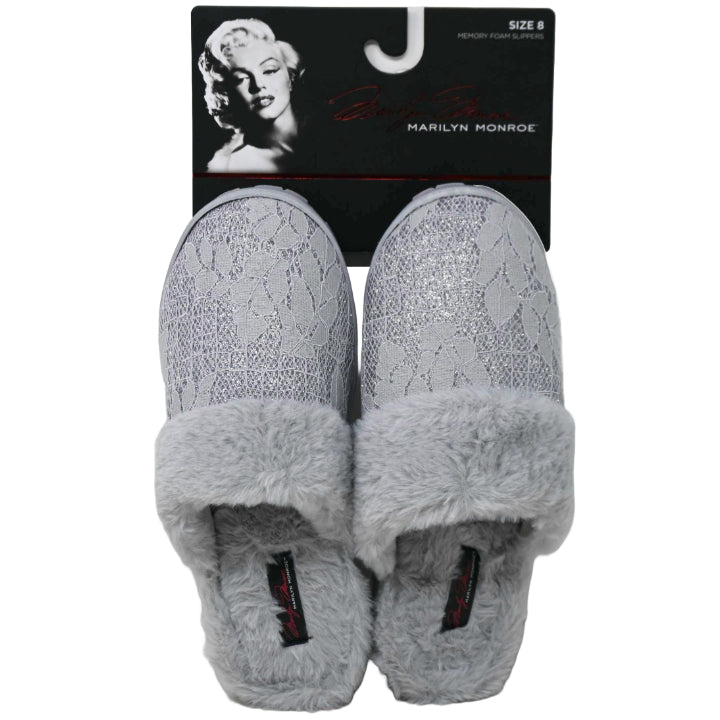 S-XL WOMEN GREY LACE & GLITTER SLIPPER W/FAUX FUR COLLAR MARILYN MONROE C/P 18