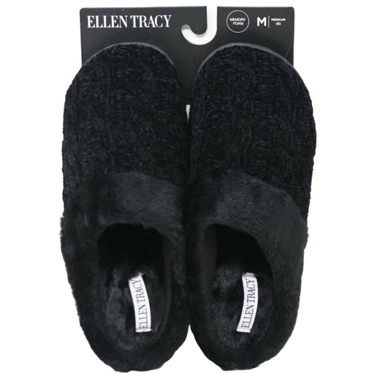 S-XL WOMEN BLK CHENILLE KNIT SLIPPER W/FAUX FUR COLLAR C/P 18
