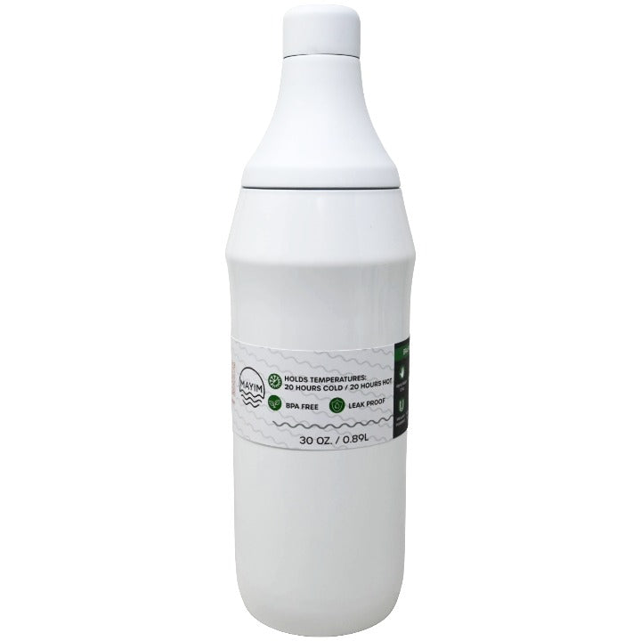 Wht 30oz SS DW Bottle w/2 Lids C/P 24 Mayim