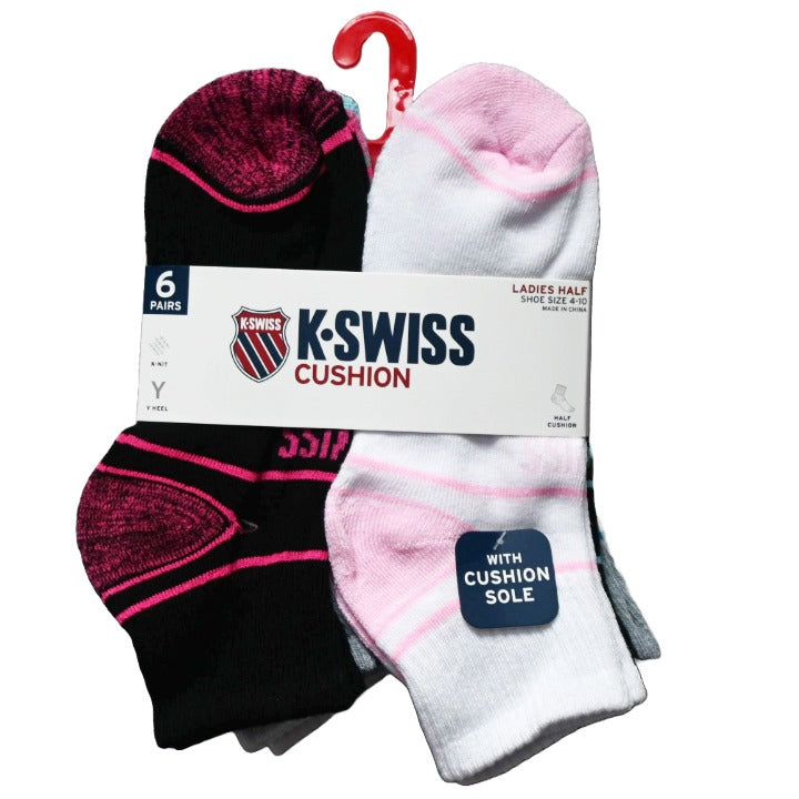 6PK 9-11 LADIES HF CUSH QTR SOCKS K-SWISS C/P 36
