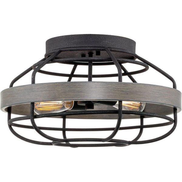 Barlow 17" 2-Light Farmhouse Flush Mount Ceiling Light + Cage Style Design, Gray Oak Wood Style + Textured Black Finish C/P 1
