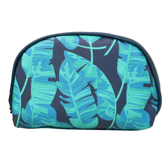 *OUTSIDE CA* NAVY/GRN DBL ZIP DOME COSMETIC BAG W/LEAVES PRINT CLEMENTINE AND JANE C/P 40