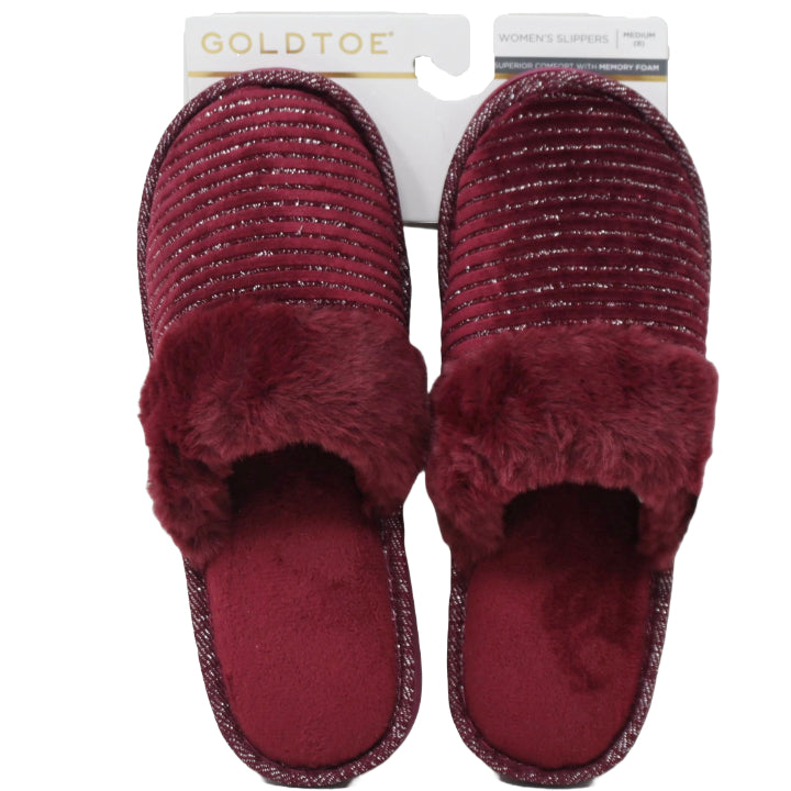 S-XL WOMEN WINE RIBBED VELVET SLIPPER W/GLITTER DETAIL GOLD TOE C/P 18
