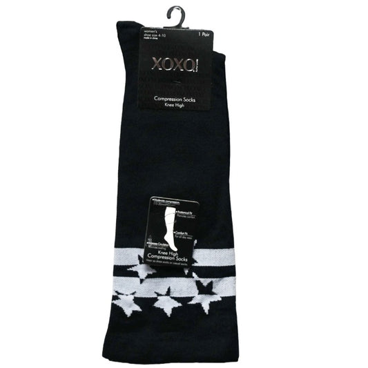 LADIES 1PK COMPRESSION KNEE HIGH SOCKS BLACK WITH STAR PRINT C/P 48