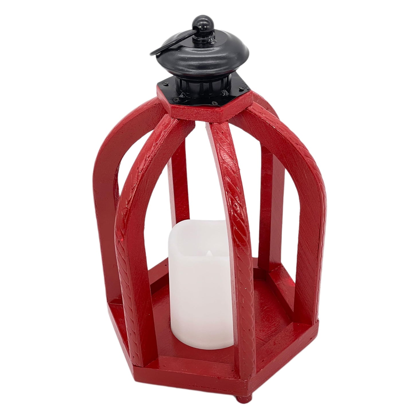 12.4" Rustic Wooden Accented LED Candle Lantern wRed Wood Frame C/P 4