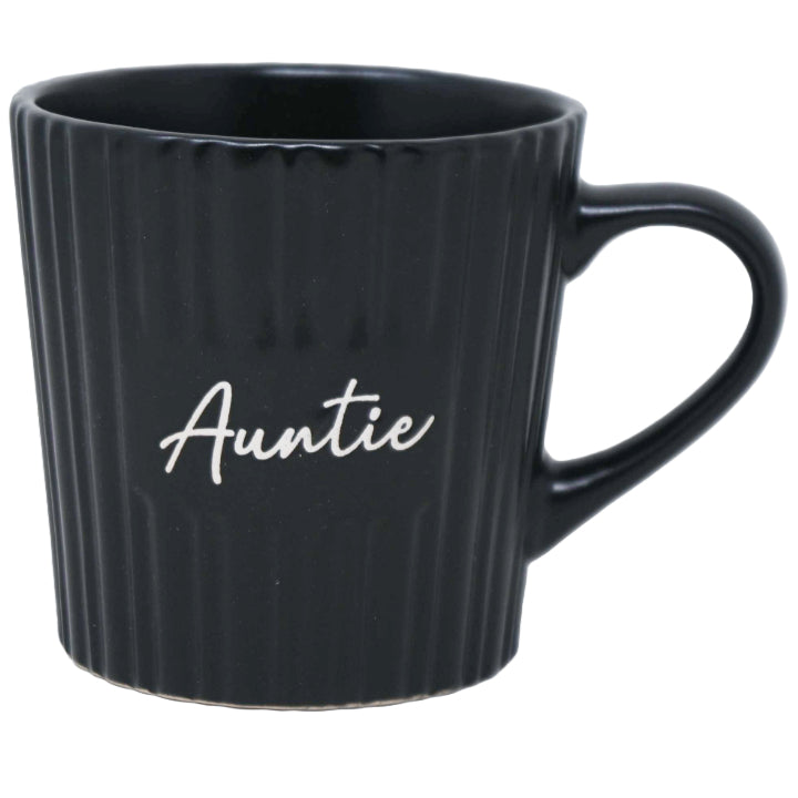 16oz Matte Black Mug with Embossed Pattern and Debossed "Aunt" C/P 24