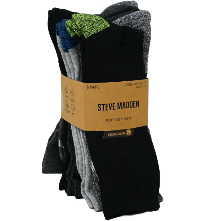 6pk MENS ATHLETIC 1/2 CUSHION CREW SOCKS ASST COLOR SIZE 10-13 STEVE MADDEN C/P 36